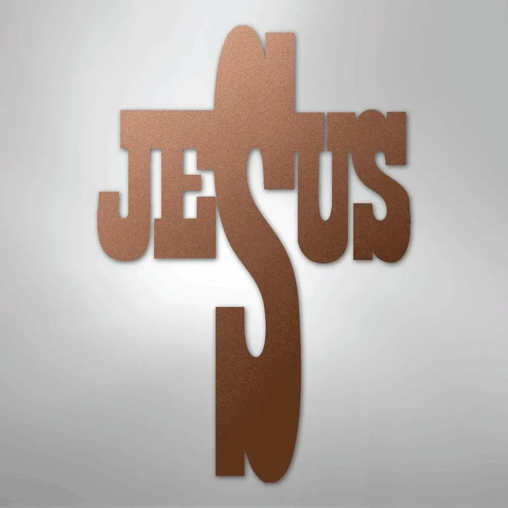 Copper-colored metal wall art forming a cross with the word "JESUS" integrated into its design.