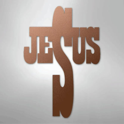 Copper-colored metal wall art forming a cross with the word "JESUS" integrated into its design.