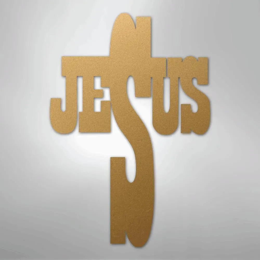 Gold metal wall art forming a cross with the word "JESUS" integrated into its design.