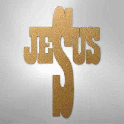 Gold metal wall art forming a cross with the word "JESUS" integrated into its design.