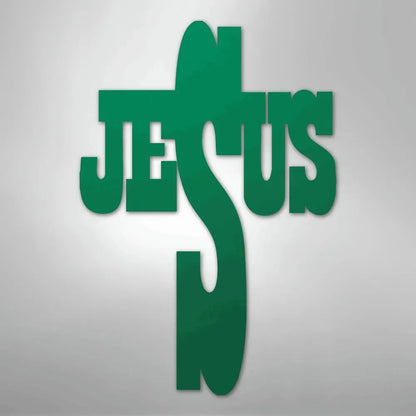 Green metal wall art forming a cross with the word "JESUS" integrated into its design.