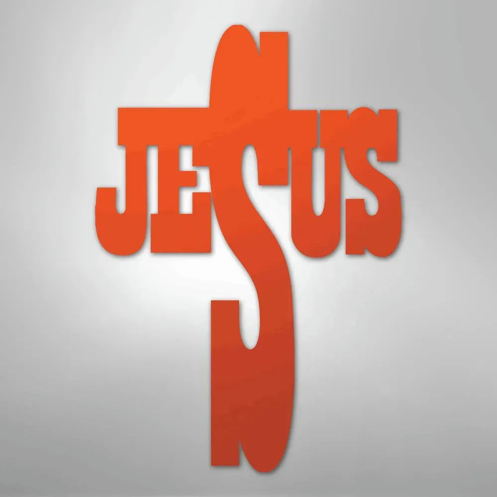 Orange metal wall art forming "JESUS" as a cross, faith-themed decor.