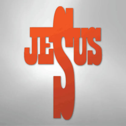 Orange metal wall art forming "JESUS" as a cross, faith-themed decor.