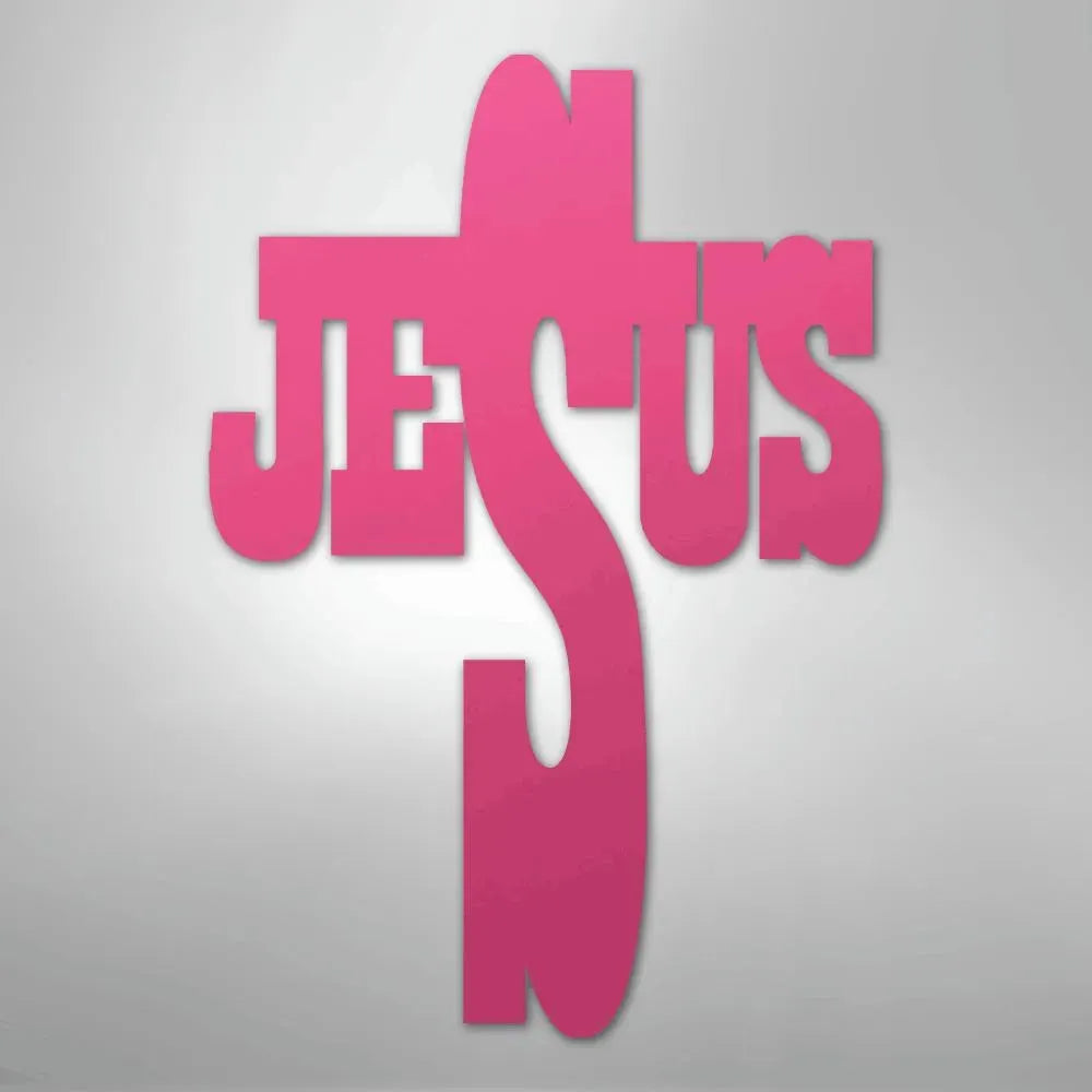 Pink metal wall art shaped like a cross with "JESUS" integrated into the design.