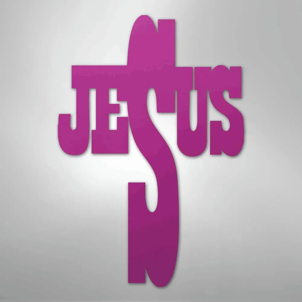 Pink metal wall art forming a cross with the word "JESUS" integrated into its design.