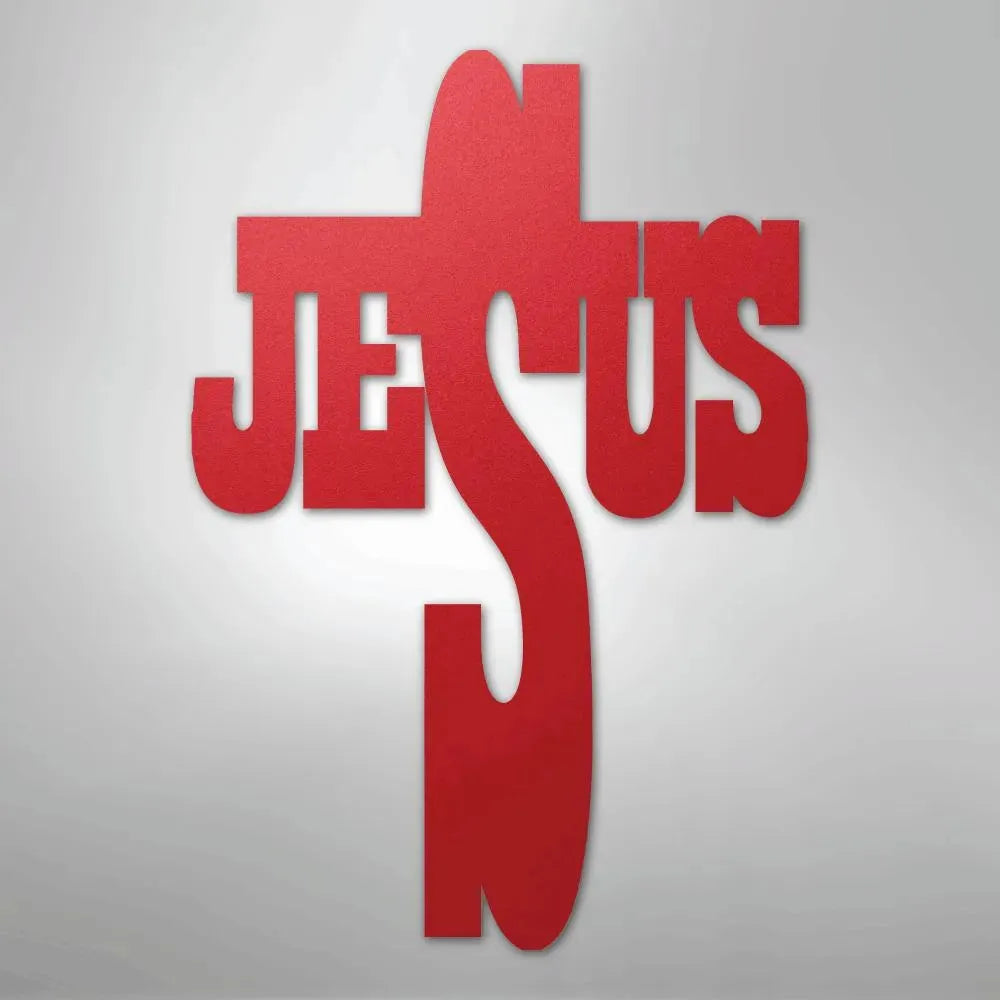 Red metal wall art forming a cross with the word "JESUS" integrated into its design.
