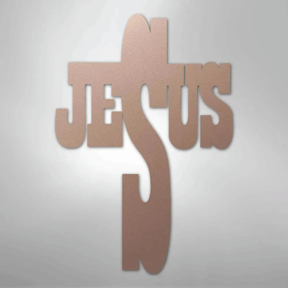 Rose gold metal wall art forming a cross with the word "JESUS" integrated into its design.
