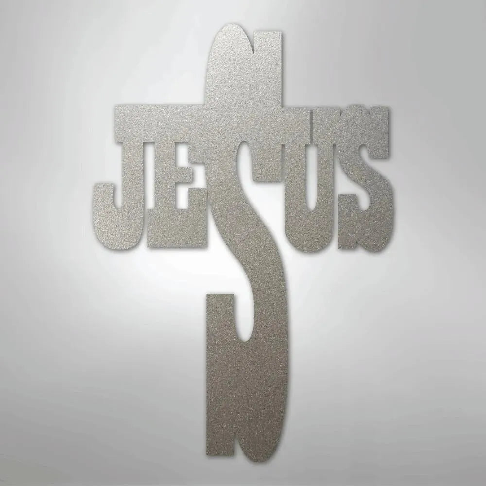 Silver glitter metal wall art forming "JESUS" as a cross.