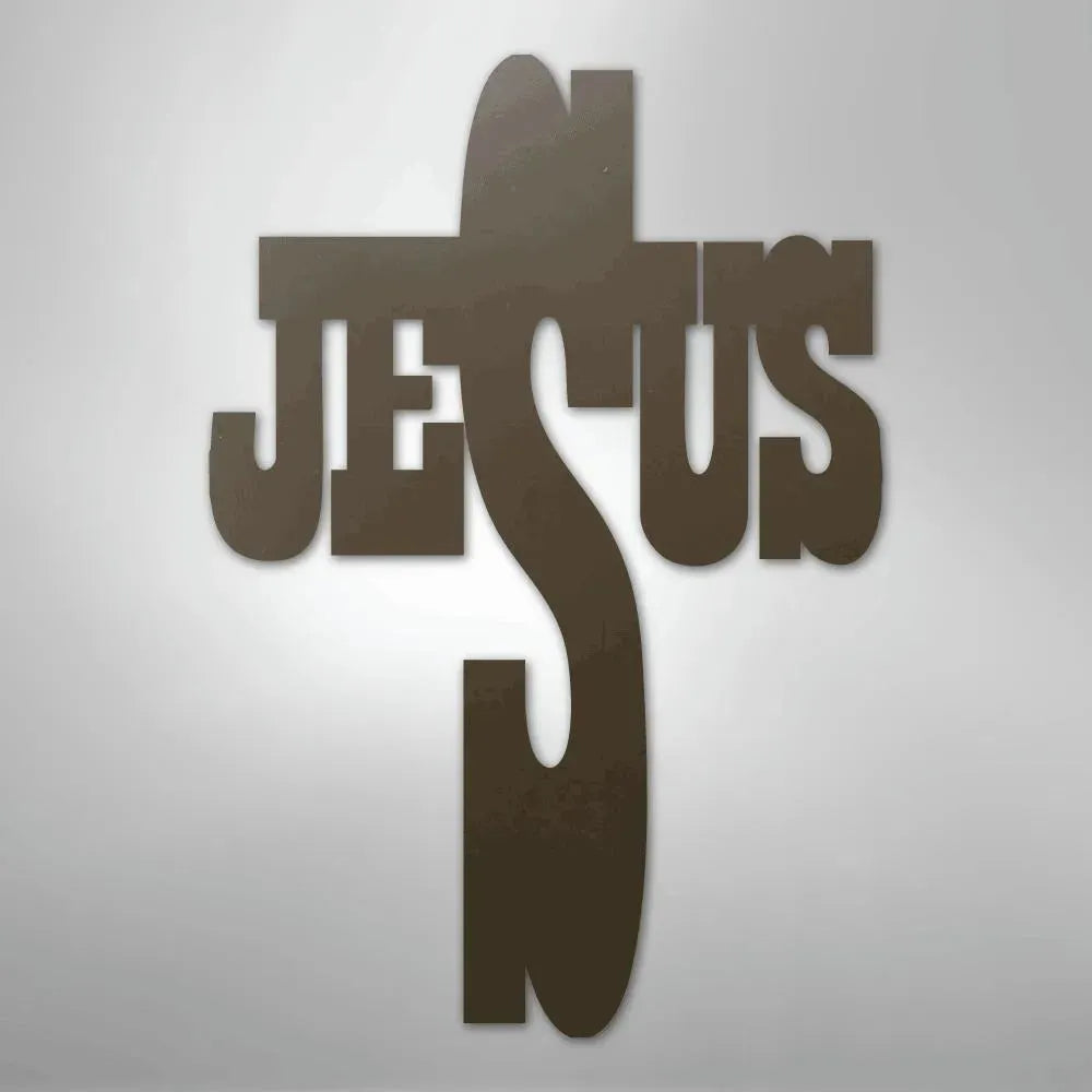 Brown metal wall art forming a cross with the word "JESUS" integrated into its design.