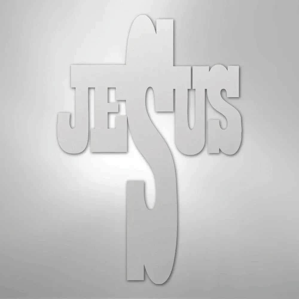 White metal "JESUS" word art shaped like a cross, faith-themed home decor.