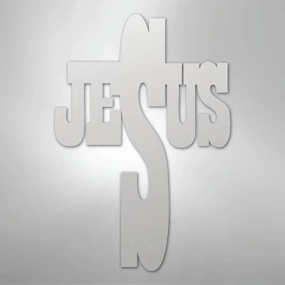 White metal "JESUS" word art shaped like a cross, faith-themed home decor.