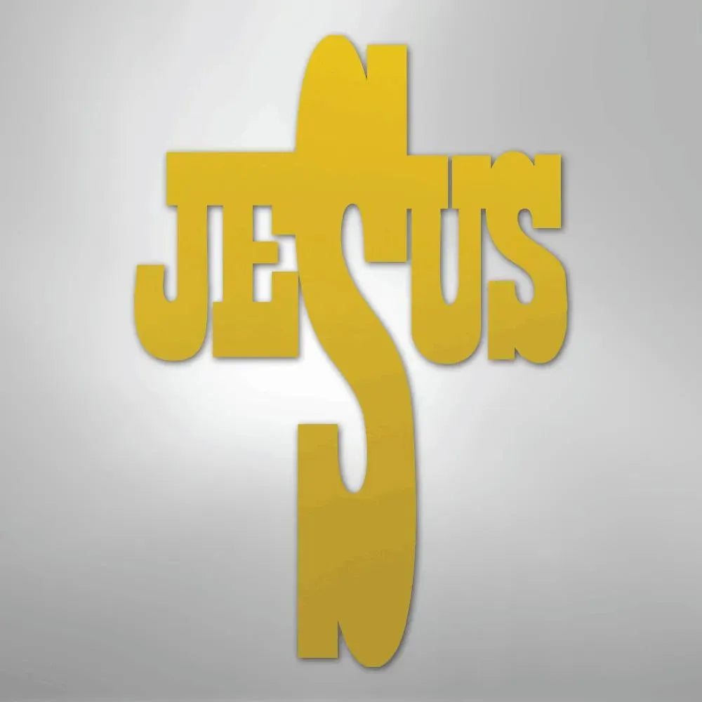 Gold metal wall art spelling "JESUS" with the "J" forming a cross.
