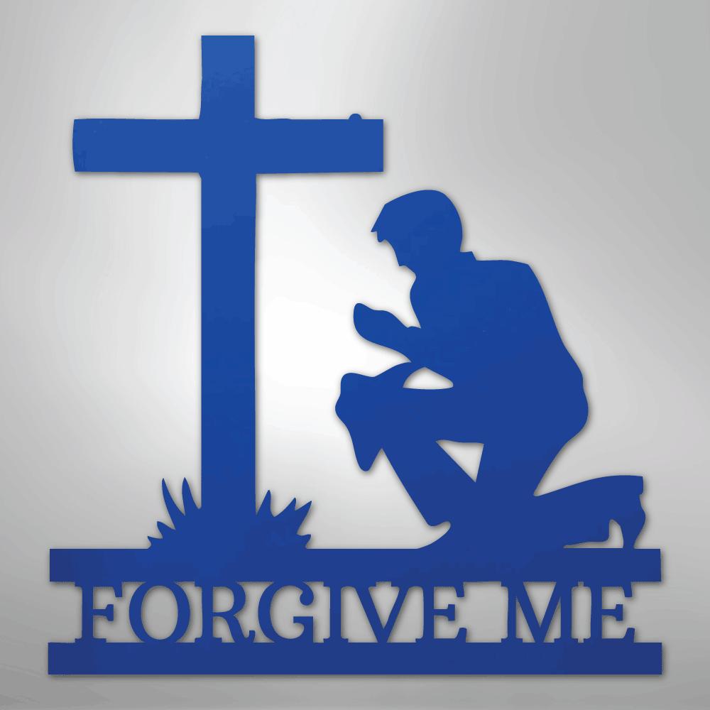 Blue metal wall art depicting a kneeling man praying before a cross, with "FORGIVE ME" cut out below.