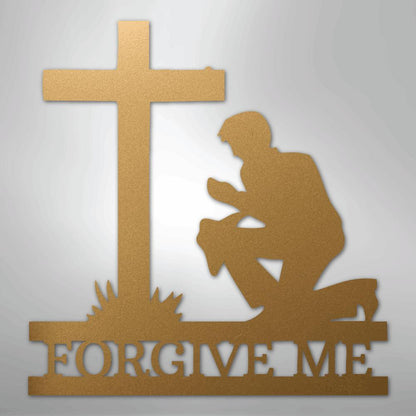 Bronze metal wall art depicting a kneeling man praying before a cross, with "FORGIVE ME" cut out below.