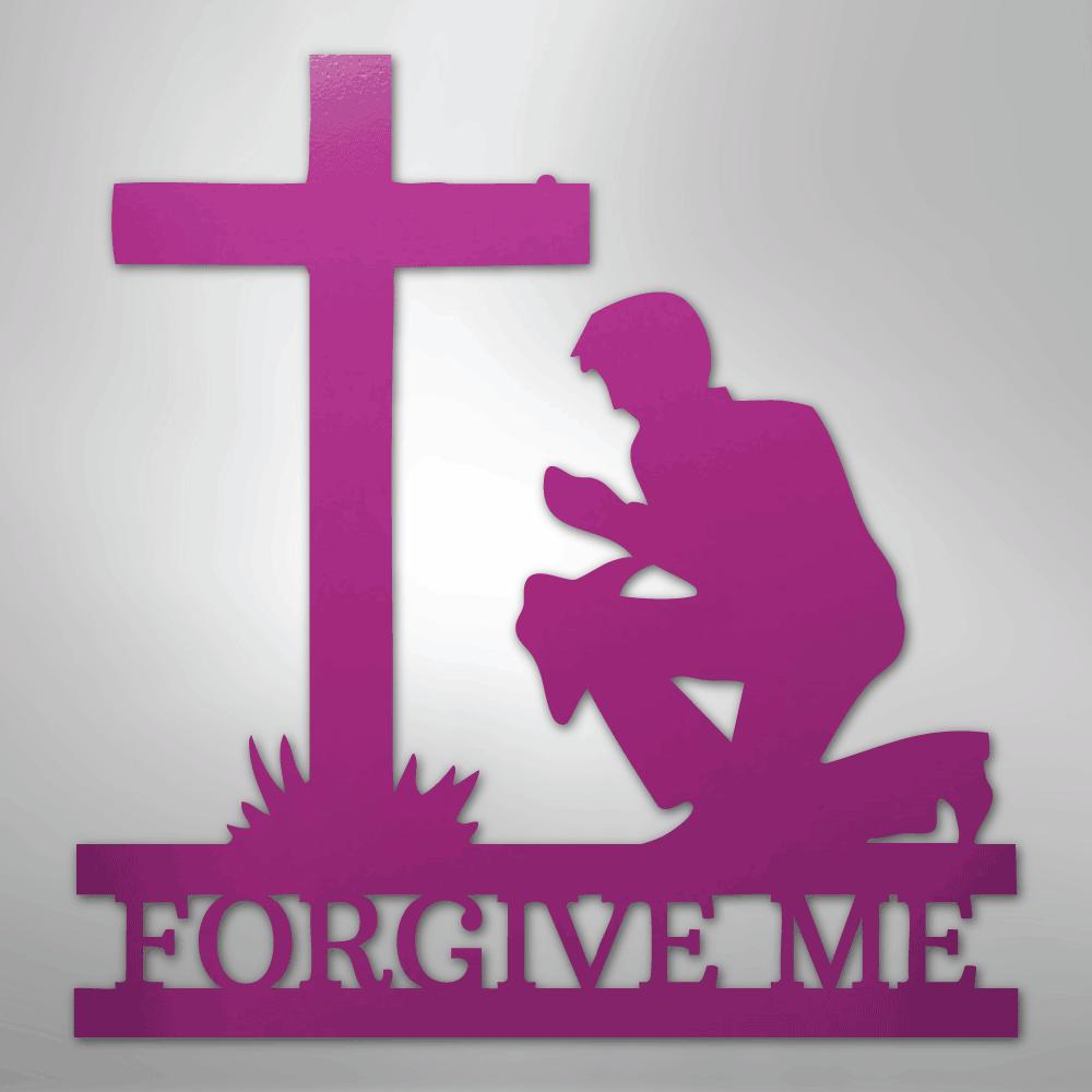 Pink metal wall art of a man kneeling before a cross with "FORGIVE ME" cut out below.