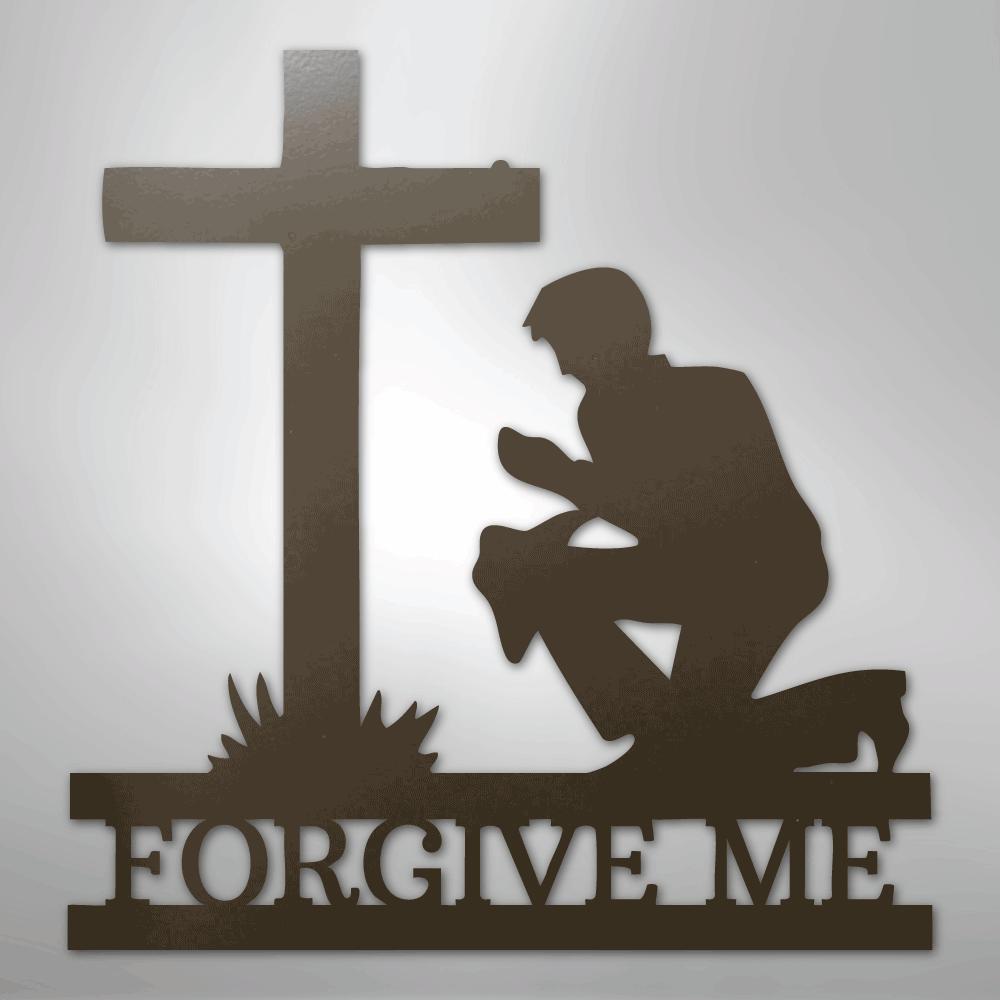 Dark brown metal wall art depicting a kneeling man praying before a cross, with "FORGIVE ME" below.