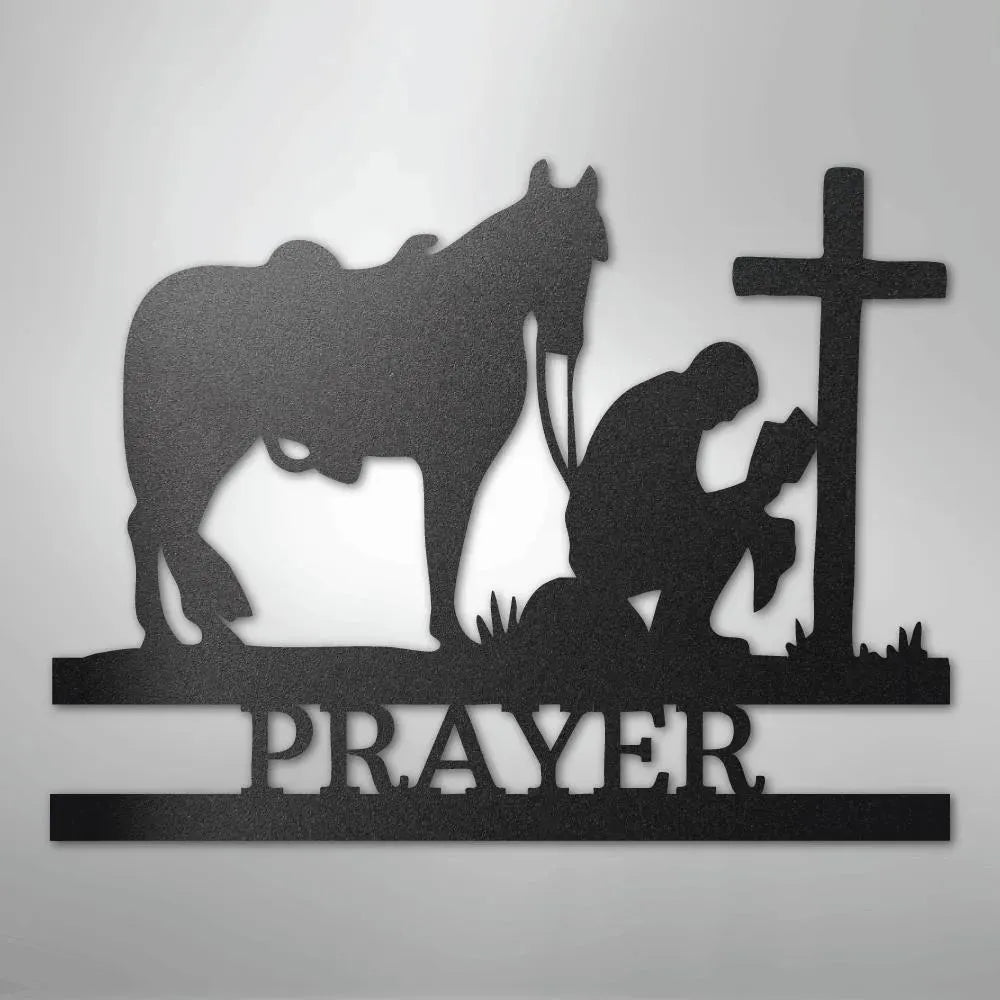 Black metal wall art: cowboy kneeling by a cross and horse, with "PRAYER" below.