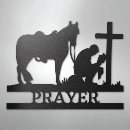 Black metal wall art: cowboy kneeling by a cross and horse, with "PRAYER" below.