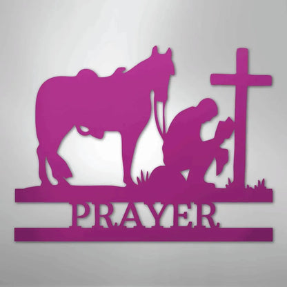 Purple metal wall art: cowboy kneeling by cross with horse, "PRAYER" text below.