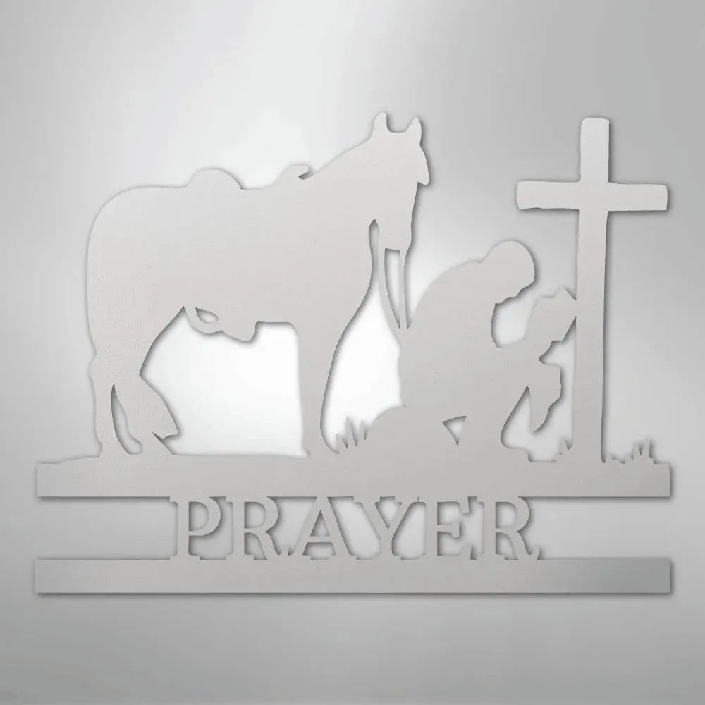 White metal wall art: kneeling cowboy praying by a cross with a horse, "PRAYER" below.