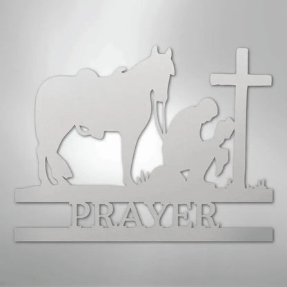 White metal wall art: kneeling cowboy praying by a cross with a horse, "PRAYER" below.