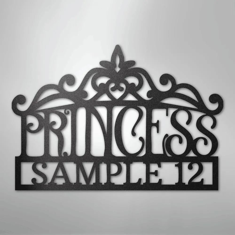 Black metal princess crown monogram wall art with "PRINCESS SAMPLE 12" text.