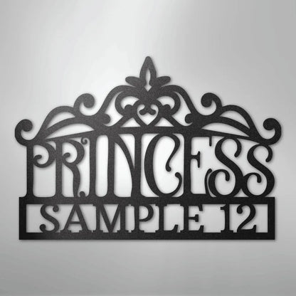 Black metal princess crown monogram wall art with "PRINCESS SAMPLE 12" text.