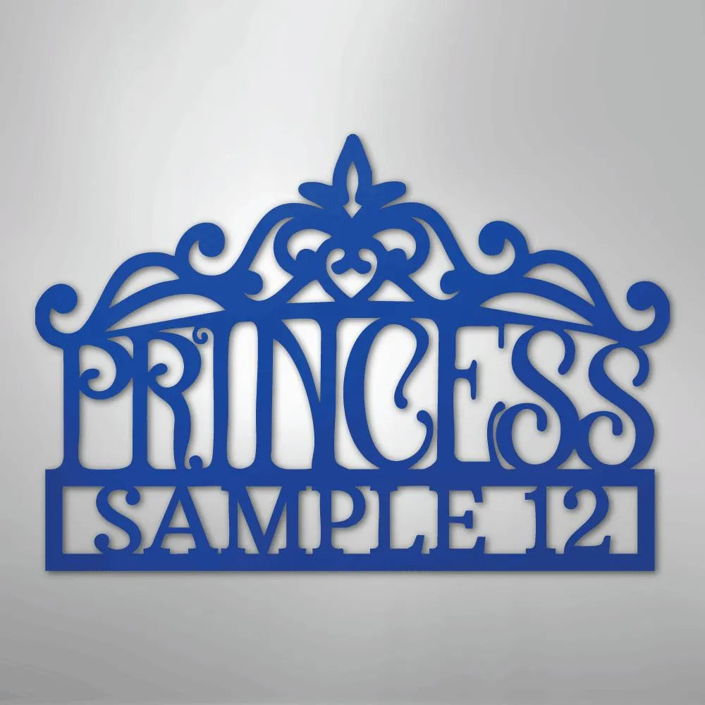 Blue metal princess crown monogram wall art with "PRINCESS SAMPLE 12" text.