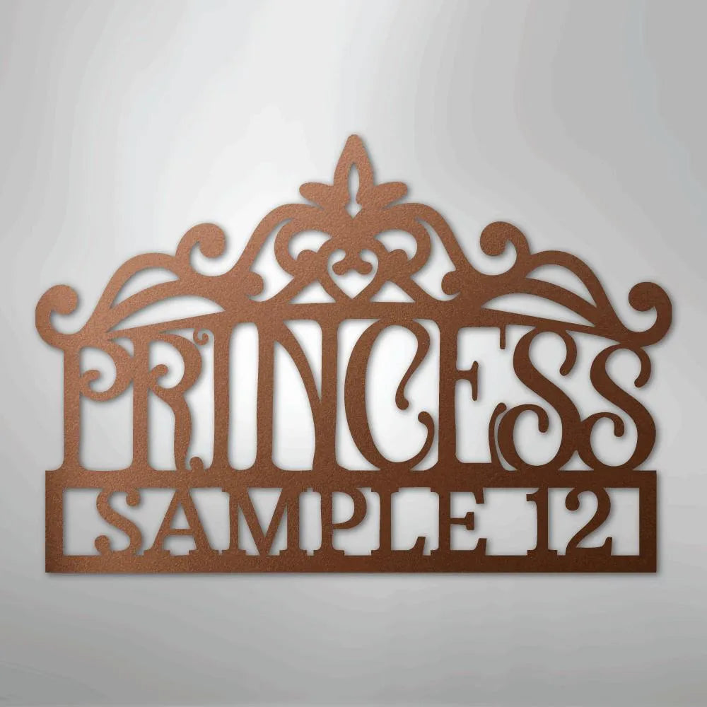 Copper metal princess crown monogram wall art with "PRINCESS SAMPLE 12" cutout.