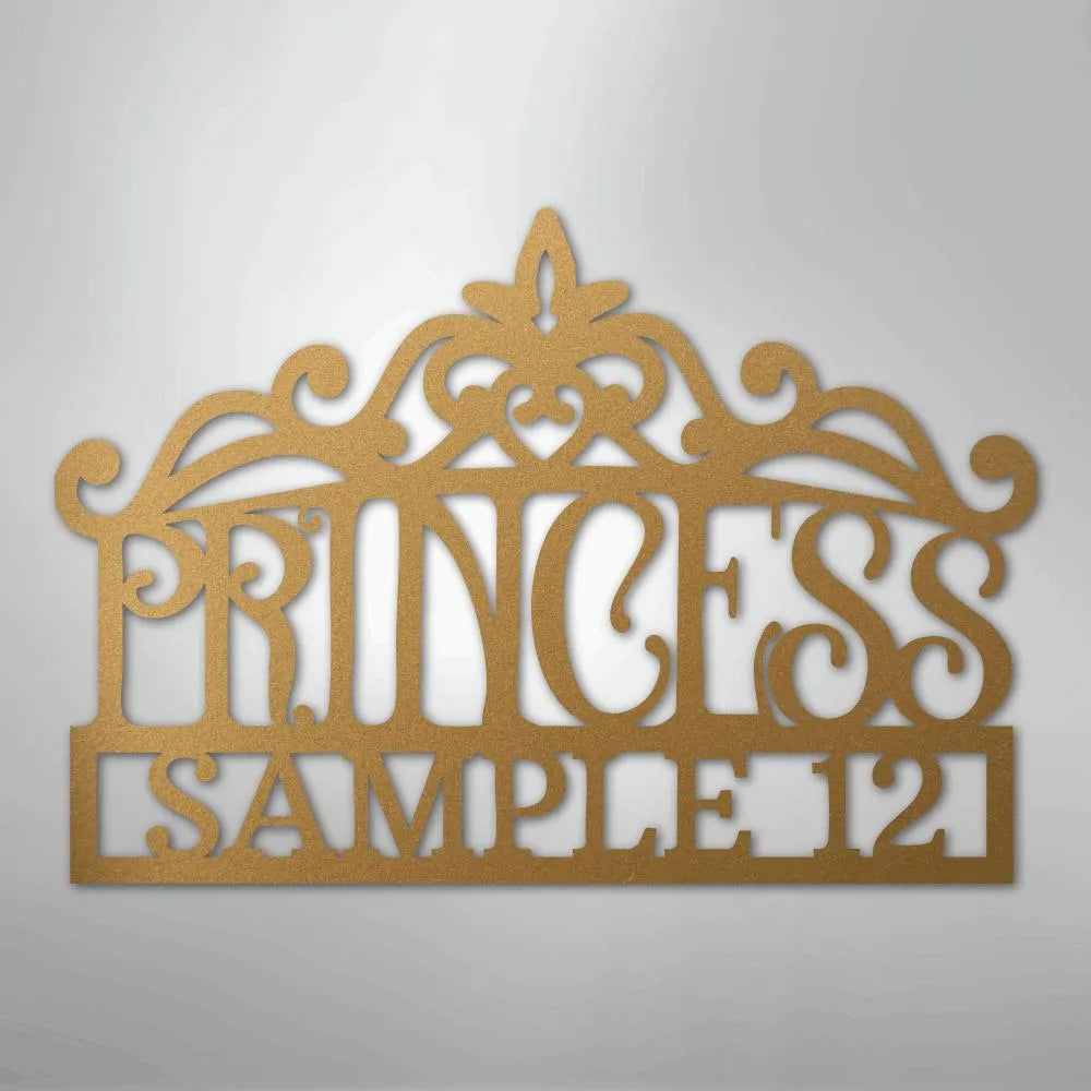 Gold metal princess crown monogram wall art with "PRINCESS SAMPLE 12" text.