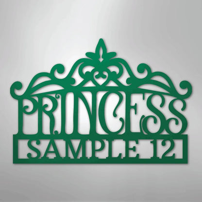 Green metal princess crown monogram wall art with "PRINCESS SAMPLE 12" cut out.