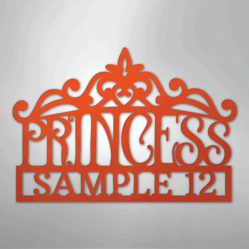 Orange metal Princess crown monogram wall art with "SAMPLE 12" text.