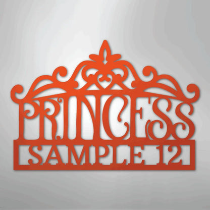 Orange metal Princess crown monogram wall art with "SAMPLE 12" text.