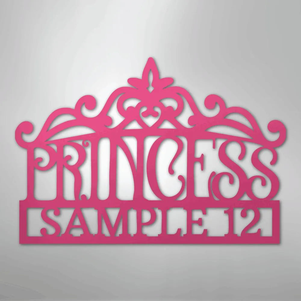 Pink metal princess crown monogram wall art with "PRINCESS SAMPLE 12" cut out.