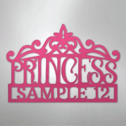 Pink metal princess crown monogram wall art with "PRINCESS SAMPLE 12" cut out.