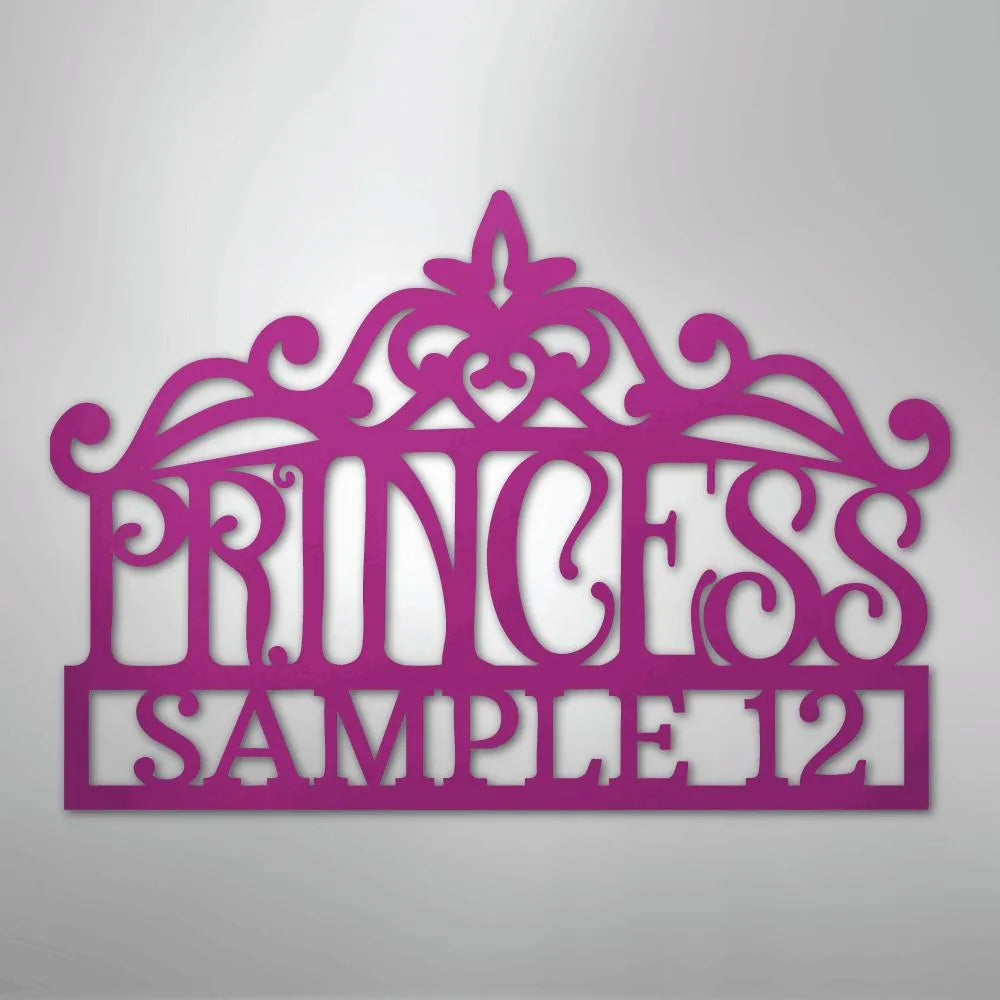Pink metal princess crown monogram wall art with "PRINCESS SAMPLE 12" text.