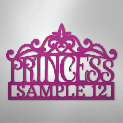 Pink metal princess crown monogram wall art with "PRINCESS SAMPLE 12" text.