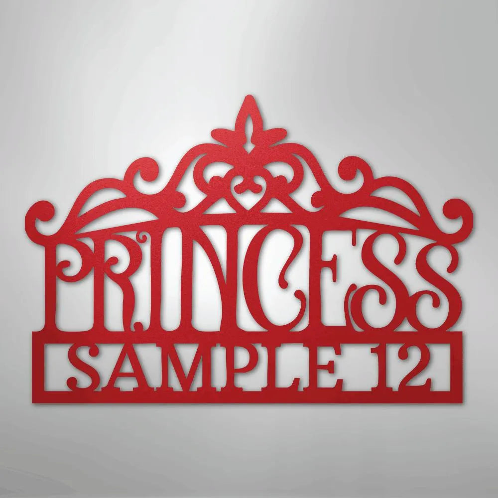 Red metal princess crown monogram wall art with "PRINCESS SAMPLE 12" text.