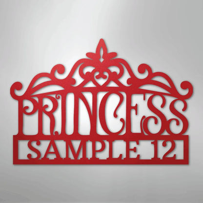 Red metal princess crown monogram wall art with "PRINCESS SAMPLE 12" text.