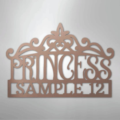 Rose gold metal princess crown monogram wall art with "PRINCESS SAMPLE 12" text.