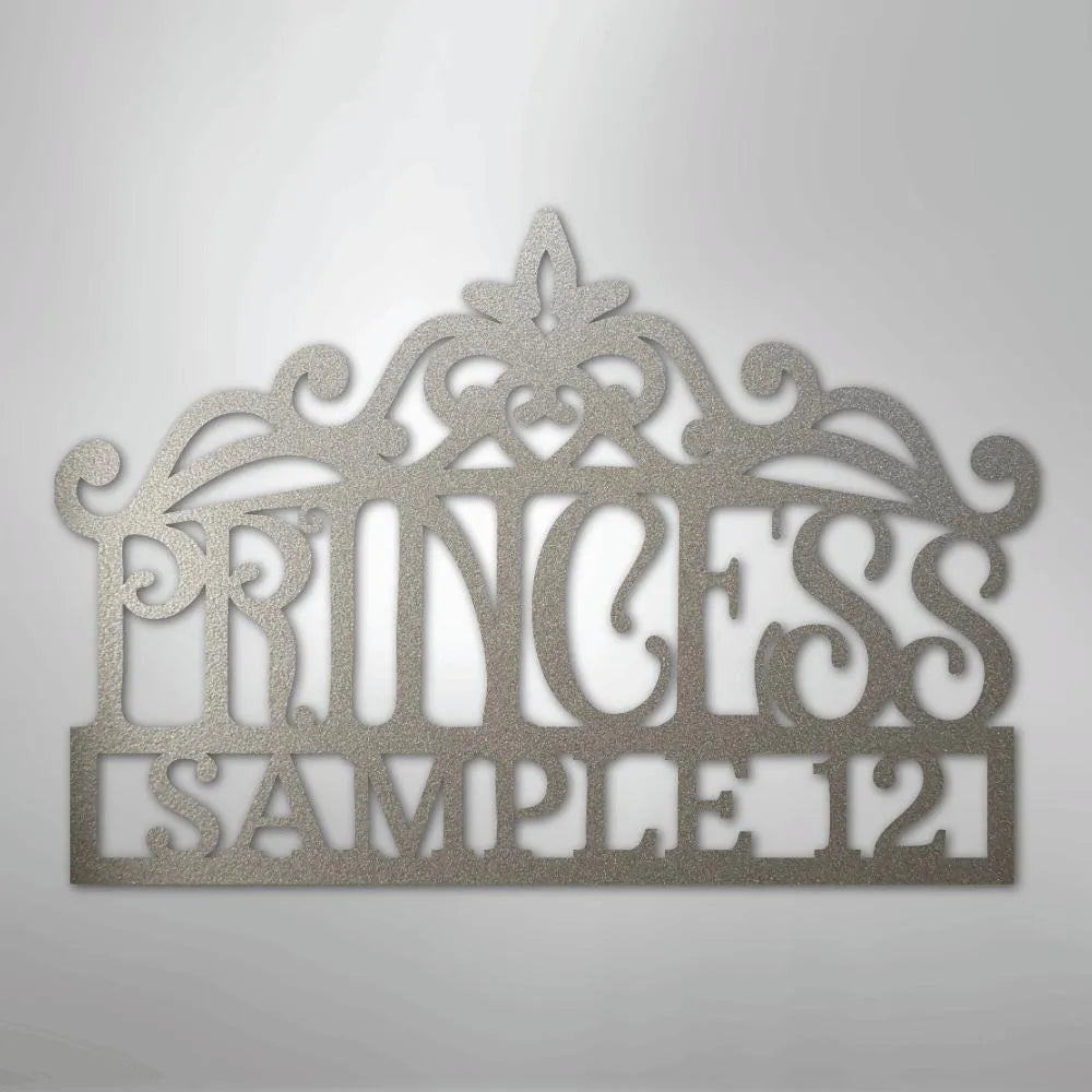 Silver metal princess crown monogram wall art with "PRINCESS SAMPLE12" text.