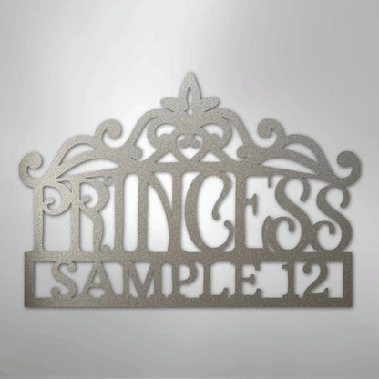Silver metal princess crown monogram wall art with "PRINCESS SAMPLE12" text.