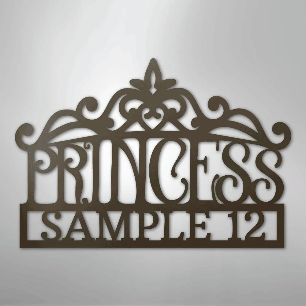 Brown metal princess crown monogram wall art with "PRINCESS SAMPLE 12" text.