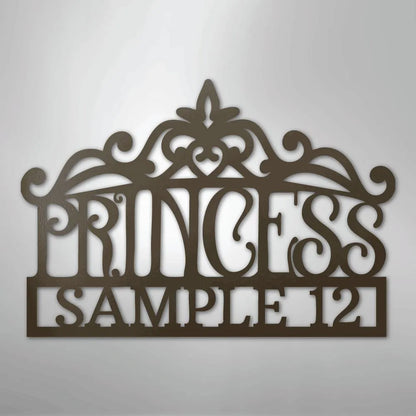 Brown metal princess crown monogram wall art with "PRINCESS SAMPLE 12" text.