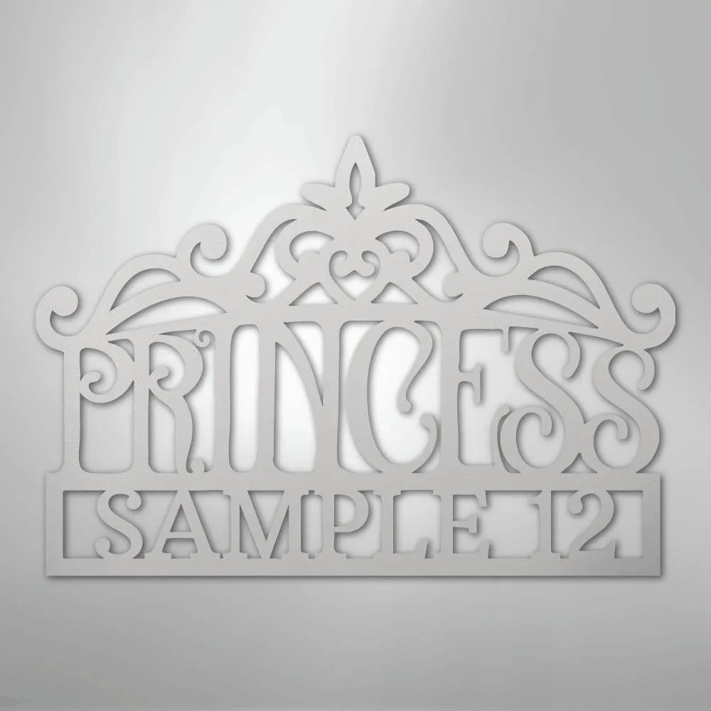 White metal princess crown monogram wall art with "PRINCESS SAMPLE12" cutout.