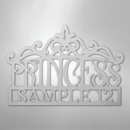 White metal princess crown monogram wall art with "PRINCESS SAMPLE12" cutout.