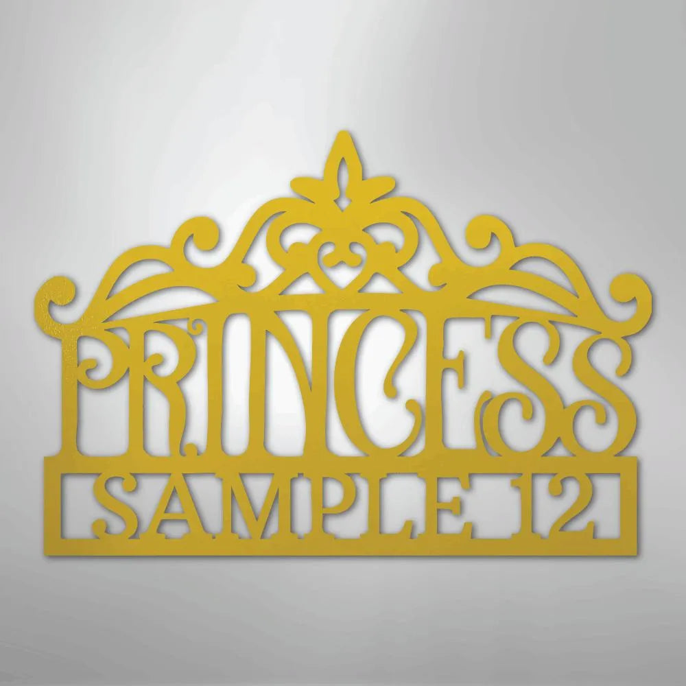 Gold metal princess crown monogram wall art with "PRINCESS" and "SAMPLE 12" cutouts.
