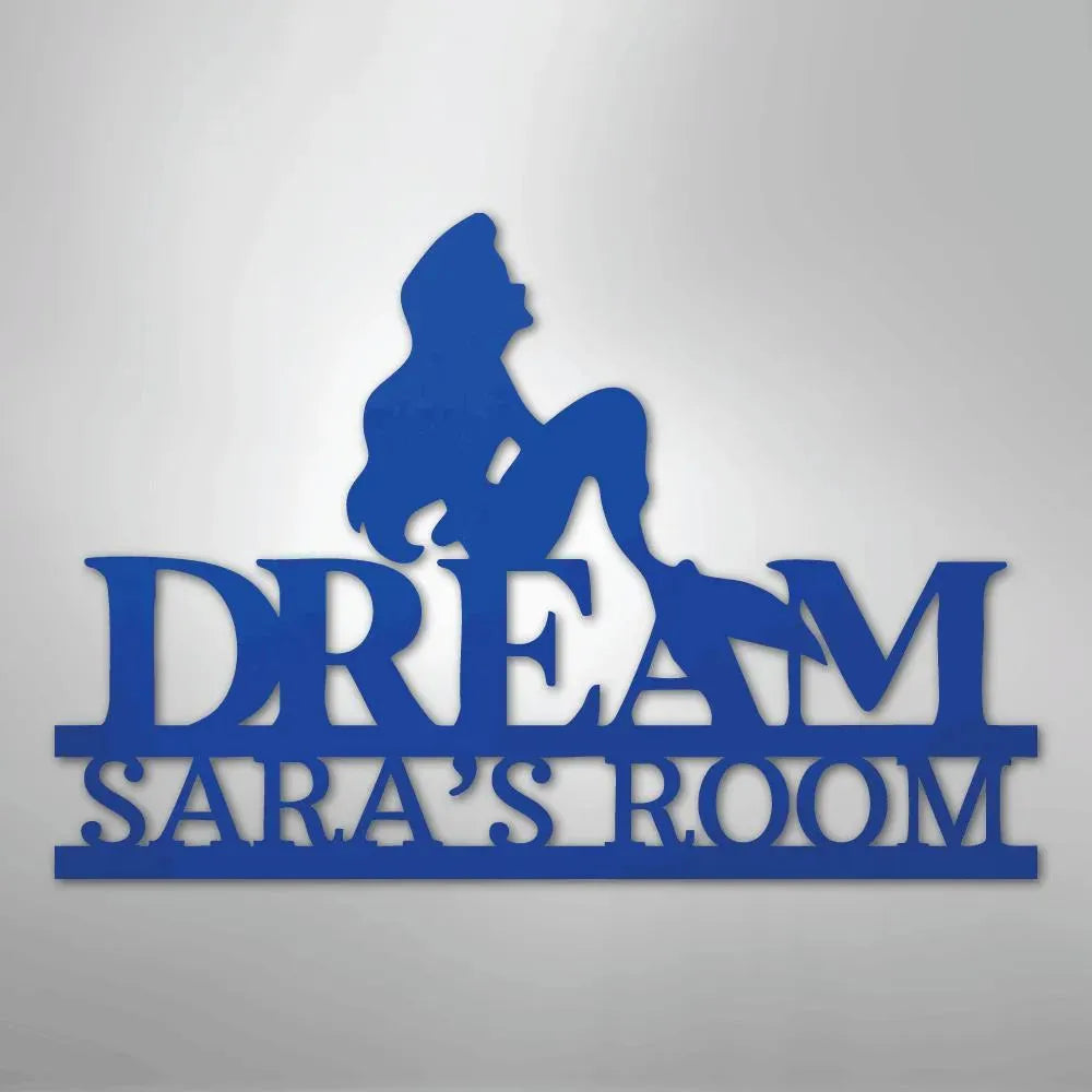 Blue metal wall art: mermaid silhouette atop "DREAM SARA'S ROOM" text.