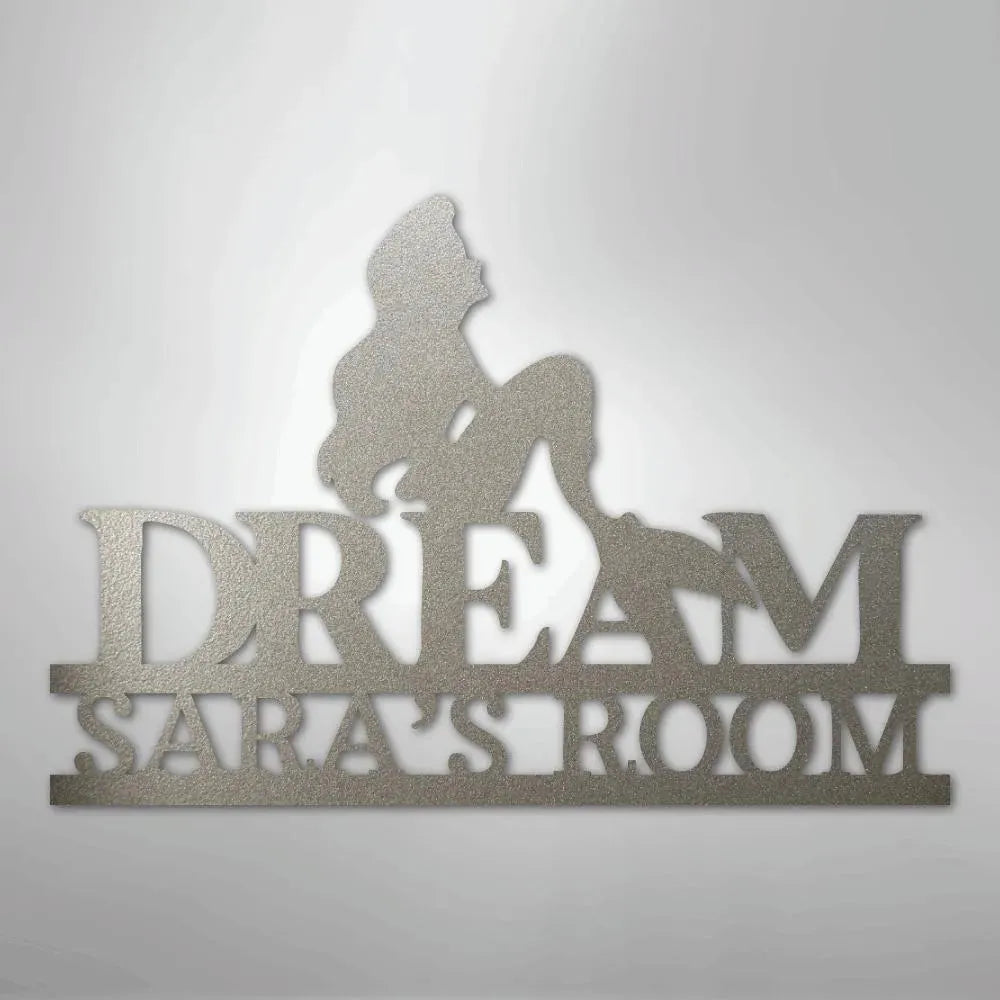 Silver metal mermaid silhouette above "DREAM SARA'S ROOM" custom wall art.