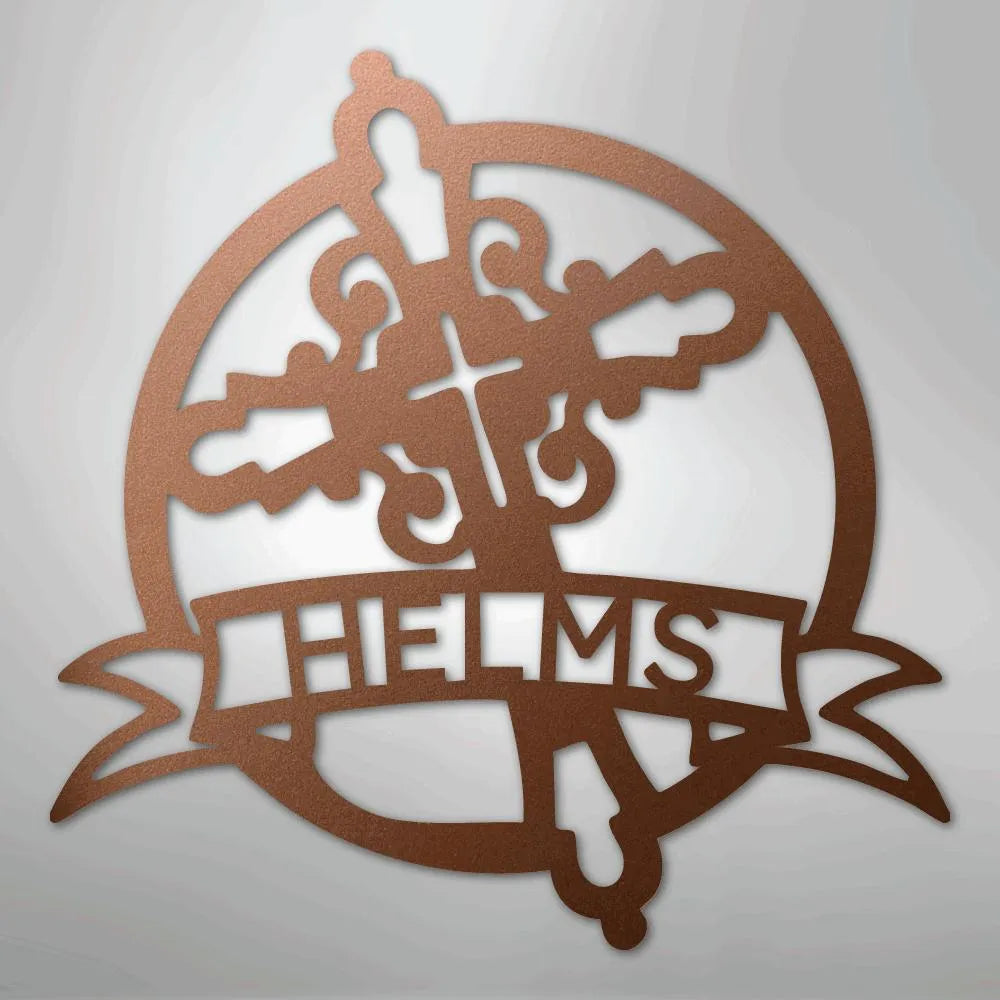 Copper-colored metal wall art with a decorative cross, circle, and "HELMS" banner.